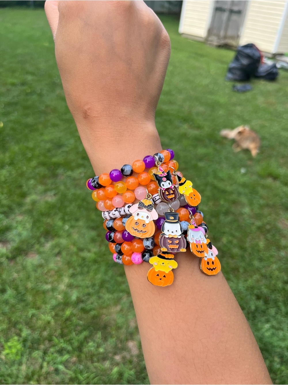 Halloween My Melody Charm Beaded Bracelet- Orange, Pink, & Black Beads